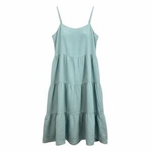Bellambra Dress Sz L Linen Tiered Midi Light Blue Spaghetti Strap Made in Italy